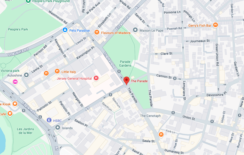 Map showing Jersey General Hospital, The Parade, St Helier, Jersey JE1 3QS